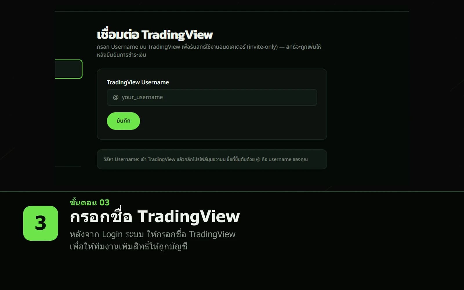ขั้นตอนที่ 3 กรอกชื่อ TradingView — หลังจาก Login ระบบ ให้กรอก TradingView Username เพื่อให้ทีมงานเพิ่มสิทธิ์ให้ถูกบัญชี
