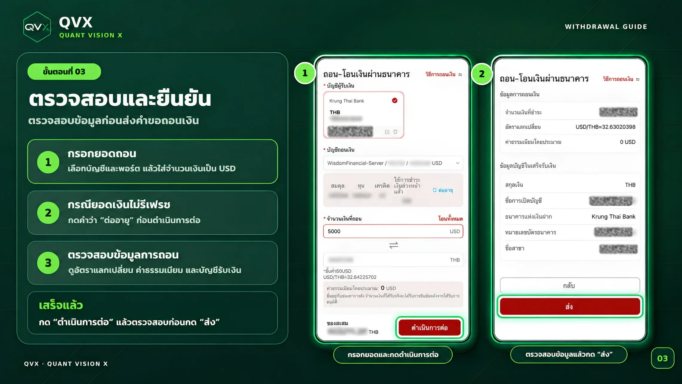 หน้ากรอกยอดถอนและหน้าตรวจสอบข้อมูลก่อนส่งคำขอถอนเงิน